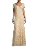 Short-Sleeve Sequined Lace Gown
