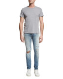 Dirty Distressed Skinny Jeans with Blowout Knee, Blue