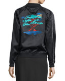 Bonsai-Embroidered Silk Reversible Varsity Jacket, Black