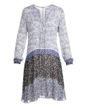 Long-Sleeve Tie-Neck Floral-Print Silk Dress, Blue/Multi