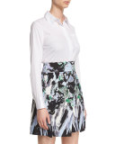 Long-Sleeve Button-Front Stretch-Poplin Shirt, White