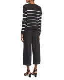 Long-Sleeve Striped Linen Crop Top, Black/White 