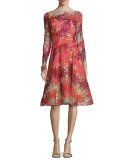 Long-Sleeve Coral-Appliqué Illusion Cocktail Dress, Coral