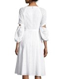 Eyelet V-Neck Full-Sleeve Dress, White