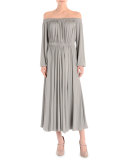 Off-The-Shoulder Long-Sleeve Midi Dress, Artic Blue