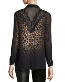 Mason Long-Sleeve Ombre Leopard-Print Blouse w/ Lace Yoke