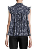 Floral Ruffled Sleeveless Blouse, Navy