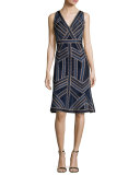 Sleeveless Deep-V Jacquard Flounce Dress, Indigo/Combo
