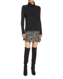 Violet Floral Silk Ruffle Mini Skirt, Black/Multicolor