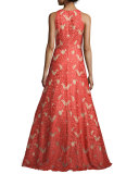 Sleeveless V-Neck Lace Gown, Red