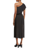Plisse One-Shoulder Crop Top, Black