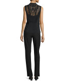 Tailored Vest w/ Crocheted-Lace Back Yoke, Black