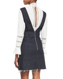 Belted Frayed-Hem Denim Pinafore Dress, Indigo