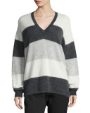 Striped Mohair-Blend V-Neck Sweater, Carbon/White/Steel