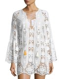 Karla Lace-Up Hibiscus Coverup Dress, Pure White