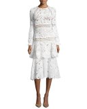 Long-Sleeve Macrame Midi Dress, White