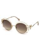 Round Open-Inset Snake Sunglasses, Gold/Brown