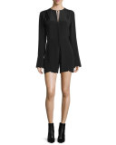 Long-Sleeve Split-Neck Romper, Black