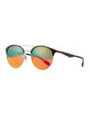 Mirrored Iridescent Round Double-Bridge Sunglasses, Brown