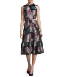 Belted Floral Brocade Sleeveless Flounce Dress, Multi