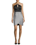 Halter Combo Striped-Skirt Cocktail Dress