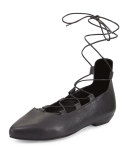 Loop Pointed-Toe Lace-Up Flat, Black