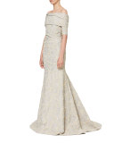 Textured Off-the-Shoulder Mermaid Gown, White Gold