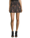 Smocked Floral Silk Mini Skirt, Noir