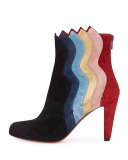 Wavy Colorblock Suede Red Sole Boot, Black/Multi