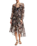 Henna Long-Sleeve Dress W/Slip, Black Floral