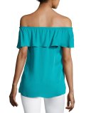 Venetta Short-Sleeve Ruffled Silk Blouse, Aqua