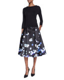 3/4-sleeve ruffle-trim sweater, black