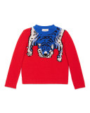 Wool Tiger Crewneck Sweater, Red, Size 4-12