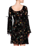 Bell-Sleeve V-Neck Floral-Print Dress, Black/Multi