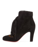 Christina 85mm Suede Tassel Red Sole Bootie, Black