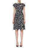 Floral Cutout Cap-Sleeve Cocktail Dress, Black/White