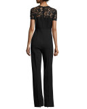 Lace-Bodice Short-Sleeve Jumpsuit, Black