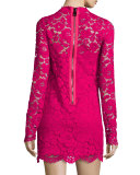 Long-Sleeve Lace Mini Dress, Geranium