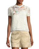 Hummingbird-Embroidered Lace Top, Ivory (Panna)