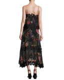 Peony Floral Overlay Silk Midi Dress, Black Multicolor