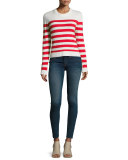 Lillian Striped Cashmere Crewneck Sweater, Navy/White