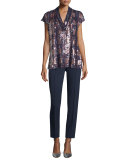 V-Neck Embellished-Front Blouse, Midnight Blue