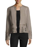 Laser-Cut Fit-&-Flare Lambskin Leather Jacket, Taupe