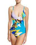 Fiore Maya Printed One-Piece Swimsuit with Ruffle, Blue Pattern