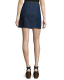 A-Line Button-Front Denim Miniskirt, Indigo