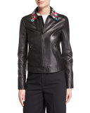 Leather Jacket with Flower Appliques 