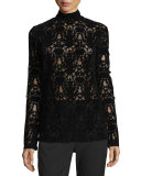 Long-Sleeve Lace Turtleneck Top, Black