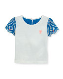 Short-Sleeve Embroidered Poplin & Jersey Tee, White/Blue, Size 4-8