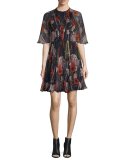 Floral Half-Sleeve Cocktail Dress, Black/Multi