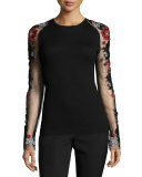 Embroidered Illusion-Sleeve Top, Black/Red/Silver